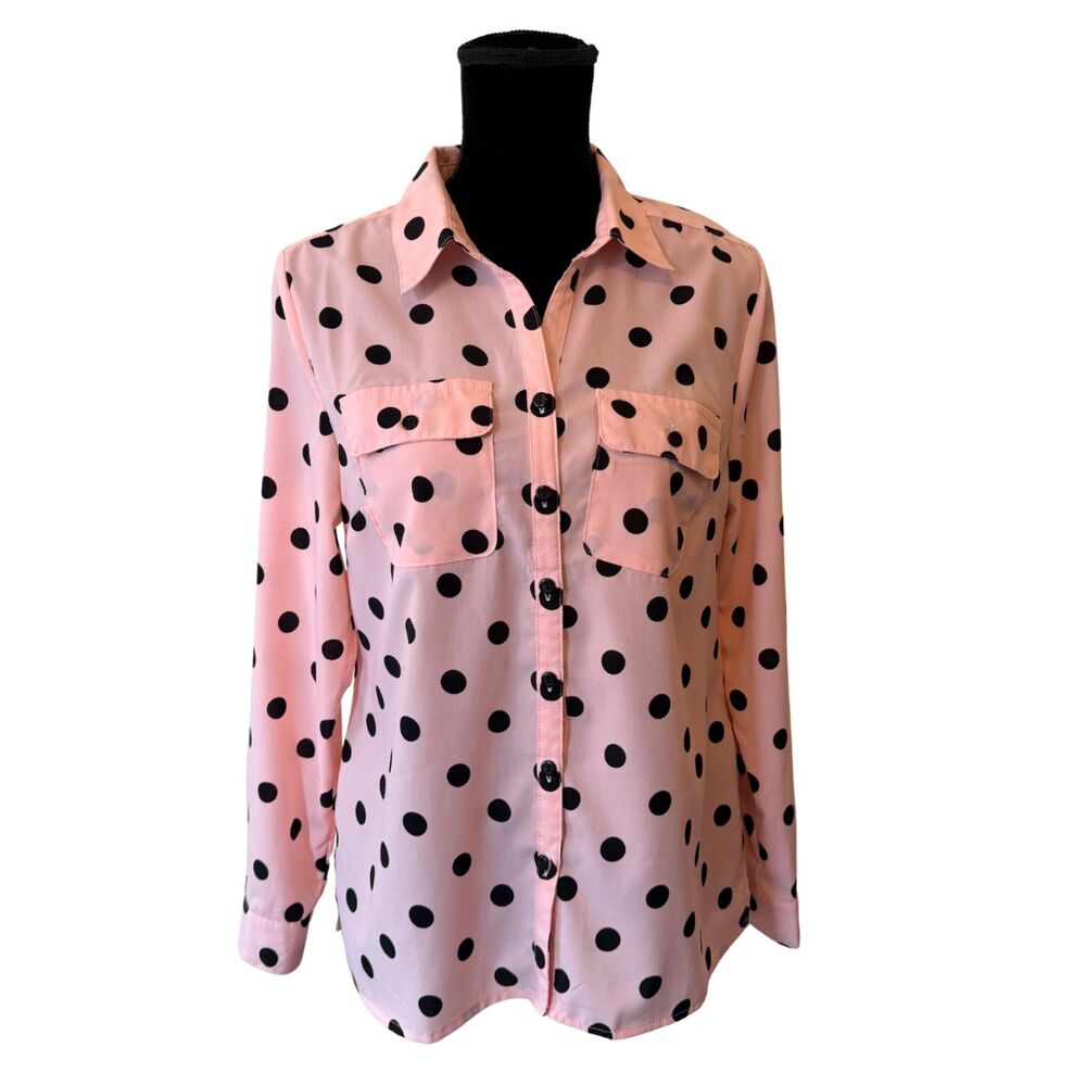 STUDIO WORKS Rockabilly Pink Black Polka Dot Long Sleeve Blouse Retro Pinup M